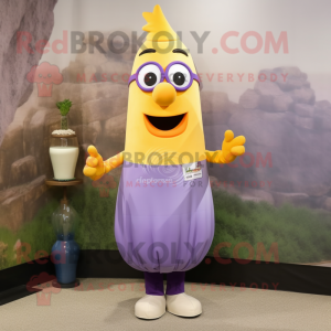 Lavender Bottle Of Mustard mascot costume character dressed with a Dress Pants and Eyeglasses