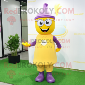 Lavender Bottle Of Mustard mascot costume character dressed with a Dress Pants and Eyeglasses