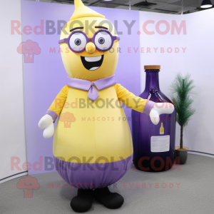 Lavender Bottle Of Mustard mascot costume character dressed with a Dress Pants and Eyeglasses