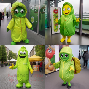 Lime Green Currywurst mascot costume character dressed with a Raincoat and Backpacks