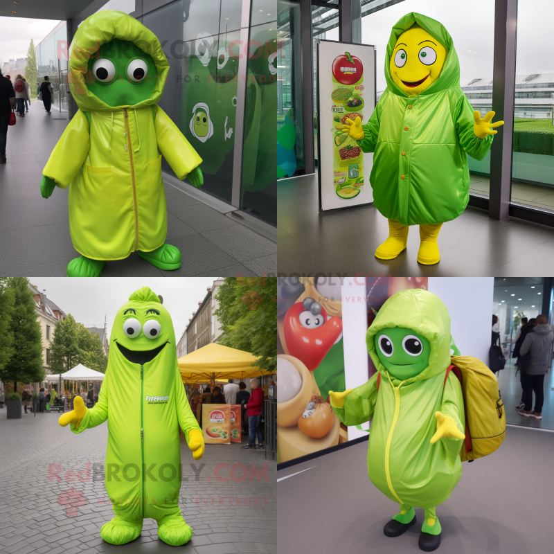 Lime Green Currywurst mascot costume character dressed with a Raincoat and Backpacks Lime Green Currywurst mascot costume character dressed with a Raincoat and Backpacks