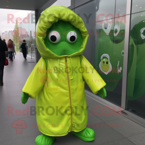 Lime Green Currywurst mascot costume character dressed with a Raincoat and Backpacks