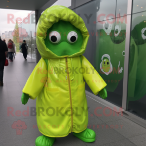 Lime Green Currywurst mascot costume character dressed with a Raincoat and Backpacks