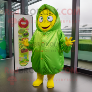 Lime Green Currywurst mascot costume character dressed with a Raincoat and Backpacks