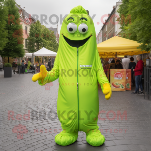 Lime Green Currywurst mascot costume character dressed with a Raincoat and Backpacks