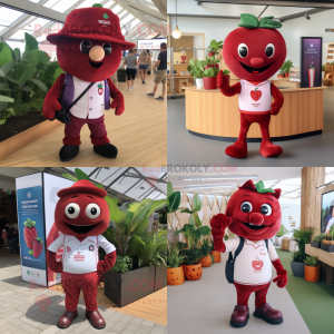Maroon Strawberry mascot costume character dressed with a Polo Shirt and Belts