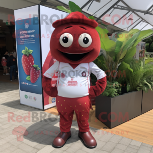 Maroon Strawberry mascot costume character dressed with a Polo Shirt and Belts