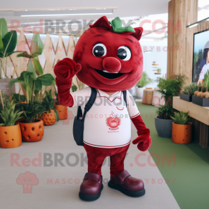 Maroon Strawberry mascot costume character dressed with a Polo Shirt and Belts