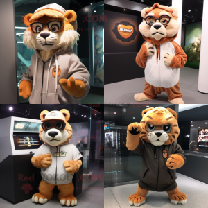 Peach Saber-Toothed Tiger mascot costume character dressed with a Hoodie and Eyeglasses