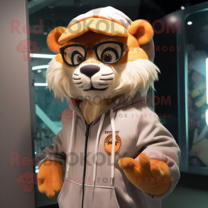 Peach Saber-Toothed Tiger mascot costume character dressed with a Hoodie and Eyeglasses