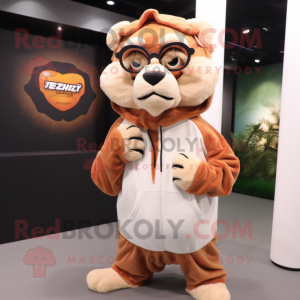 Peach Saber-Toothed Tiger mascot costume character dressed with a Hoodie and Eyeglasses