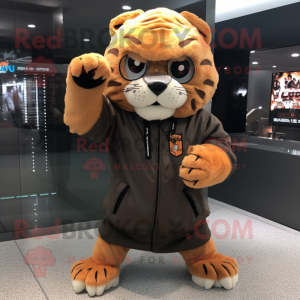 Peach Saber-Toothed Tiger mascot costume character dressed with a Hoodie and Eyeglasses