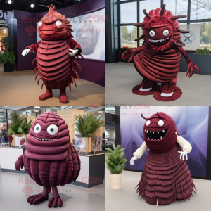 Maroon Trilobite mascot costume character dressed with a Pleated Skirt and Shoe laces