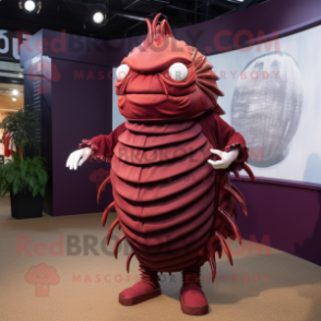 Maroon Trilobite mascot costume character dressed with a Pleated Skirt and Shoe laces