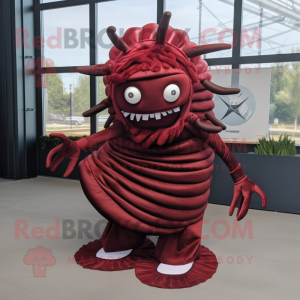 Maroon Trilobite mascot costume character dressed with a Pleated Skirt and Shoe laces