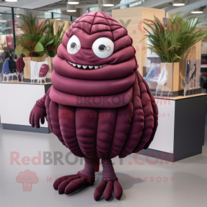 Maroon Trilobite mascot costume character dressed with a Pleated Skirt and Shoe laces