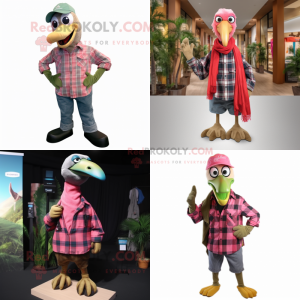 Olive Flamingo mascot costume character dressed with a Flannel Shirt and Scarves