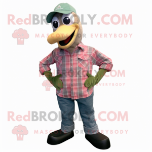 Olive Flamingo mascot costume character dressed with a Flannel Shirt and Scarves
