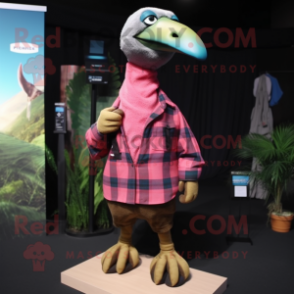Olive Flamingo mascot costume character dressed with a Flannel Shirt and Scarves