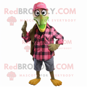 Olive Flamingo mascot costume character dressed with a Flannel Shirt and Scarves