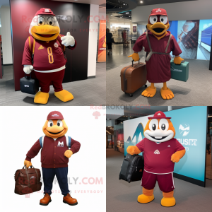 Maroon Mandarin mascot costume character dressed with a Sweatshirt and Briefcases