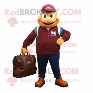 Maroon Mandarin mascot costume character dressed with a Sweatshirt and Briefcases