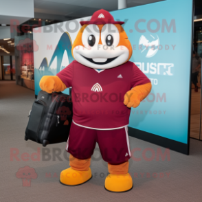 Maroon Mandarin mascot costume character dressed with a Sweatshirt and Briefcases