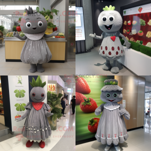 Gray Strawberry mascot costume character dressed with a Empire Waist Dress and Anklets