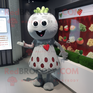 Gray Strawberry mascot costume character dressed with a Empire Waist Dress and Anklets