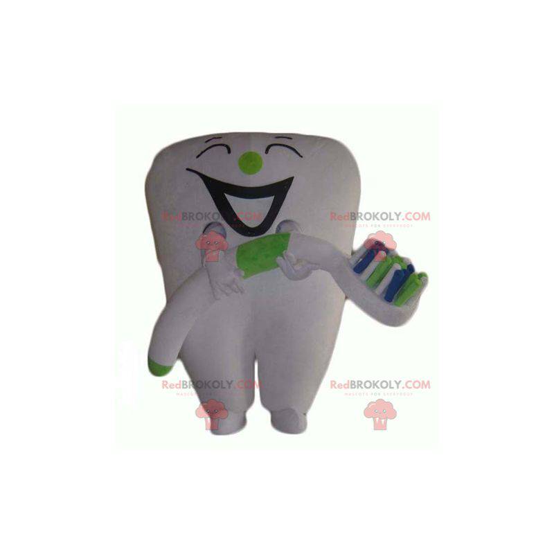 Giant white tooth mascot with a toothbrush - Redbrokoly.com