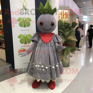 Gray Strawberry mascot costume character dressed with a Empire Waist Dress and Anklets