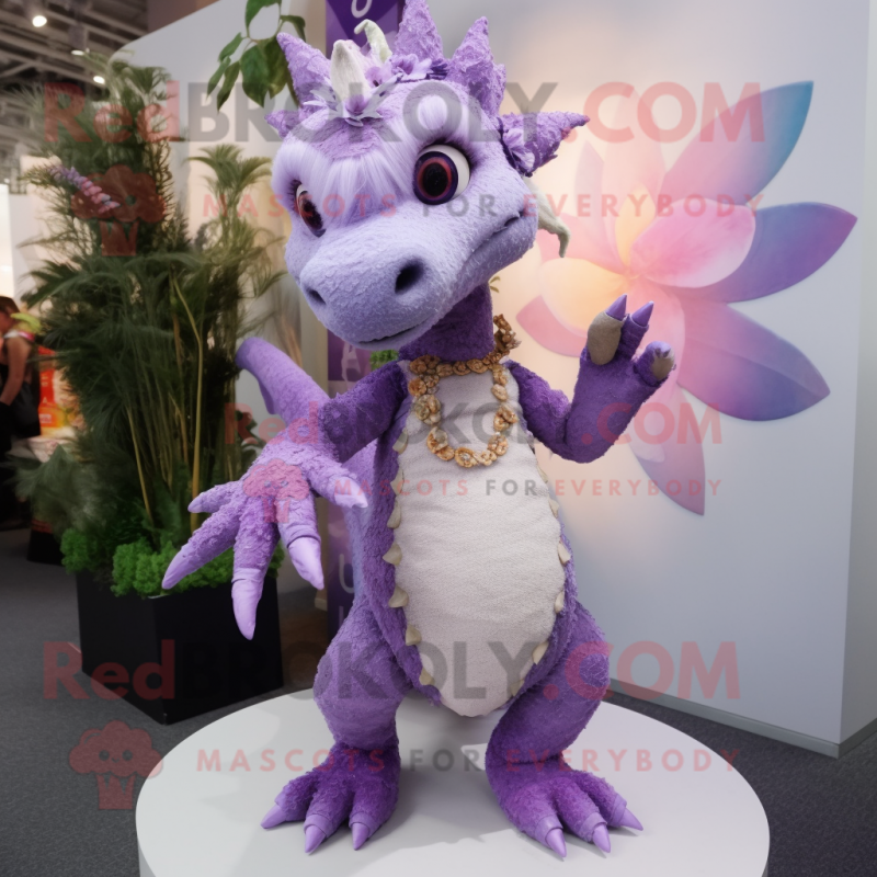 Lavender Dragon mascot costume character dressed with a Capri Pants and Earrings