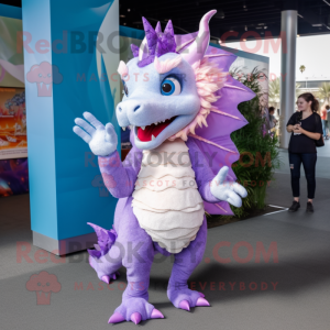 Lavender Dragon mascot costume character dressed with a Capri Pants and Earrings