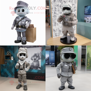 Gray Commando mascot costume character dressed with a Blouse and Pocket squares