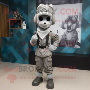 Gray Commando mascot costume character dressed with a Blouse and Pocket squares