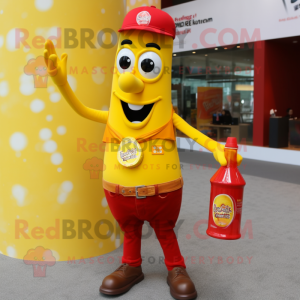 Yellow Bottle Of Ketchup mascot costume character dressed with a Boyfriend Jeans and Bracelet watches