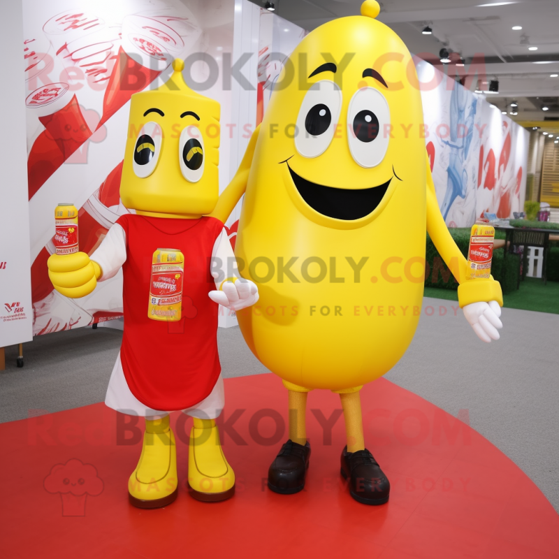 Yellow Bottle Of Ketchup mascot costume character dressed with a Boyfriend Jeans and Bracelet watches