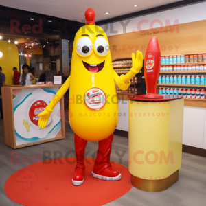 Yellow Bottle Of Ketchup mascot costume character dressed with a Boyfriend Jeans and Bracelet watches