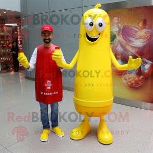 Yellow Bottle Of Ketchup mascot costume character dressed with a Boyfriend Jeans and Bracelet watches
