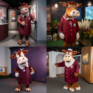 Maroon Guernsey Cow mascot costume character dressed with a Culottes and Lapel pins