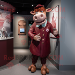 Maroon Guernsey Cow mascot costume character dressed with a Culottes and Lapel pins