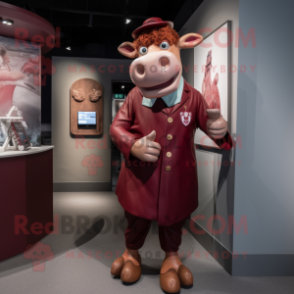 Maroon Guernsey Cow mascot costume character dressed with a Culottes and Lapel pins