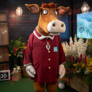 Maroon Guernsey Cow mascot costume character dressed with a Culottes and Lapel pins