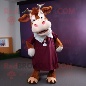 Maroon Guernsey Cow mascot costume character dressed with a Culottes and Lapel pins