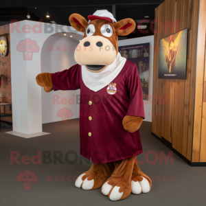 Maroon Guernsey Cow mascot costume character dressed with a Culottes and Lapel pins