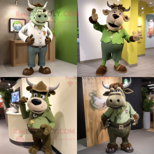 Olive Bull mascot costume character dressed with a Chinos and Earrings