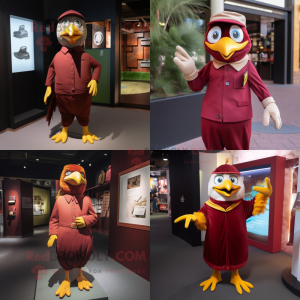 Maroon Canary mascot costume character dressed with a Long Sleeve Tee and Suspenders