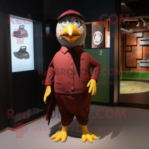 Maroon Canary mascot costume character dressed with a Long Sleeve Tee and Suspenders