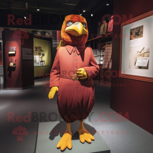 Maroon Canary mascot costume character dressed with a Long Sleeve Tee and Suspenders