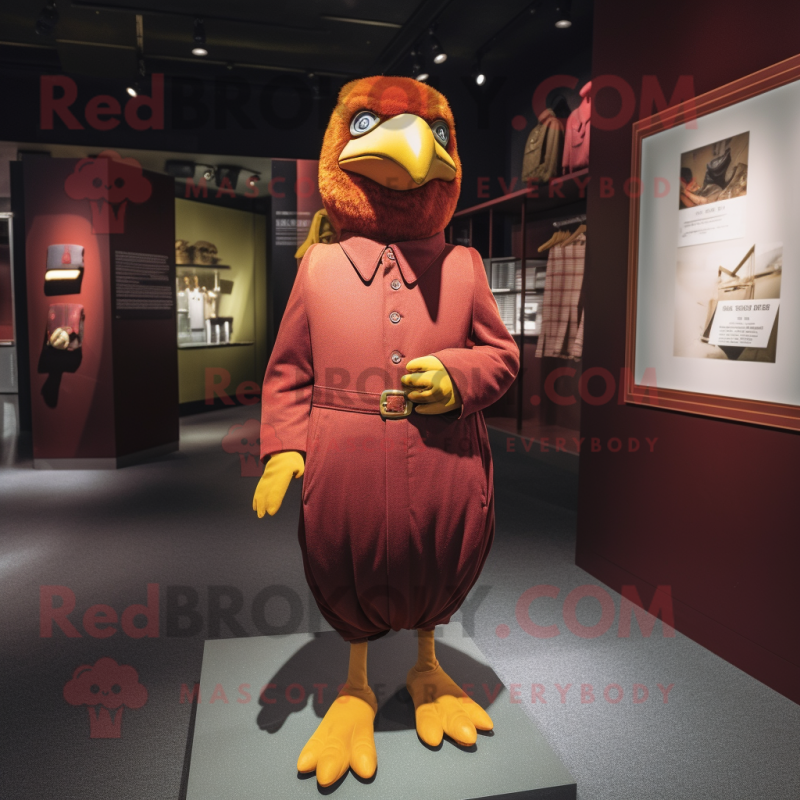 Maroon Canary mascot costume character dressed with a Long Sleeve Tee and Suspenders Maroon Canary mascot costume character dressed with a Long Sleeve Tee and Suspenders